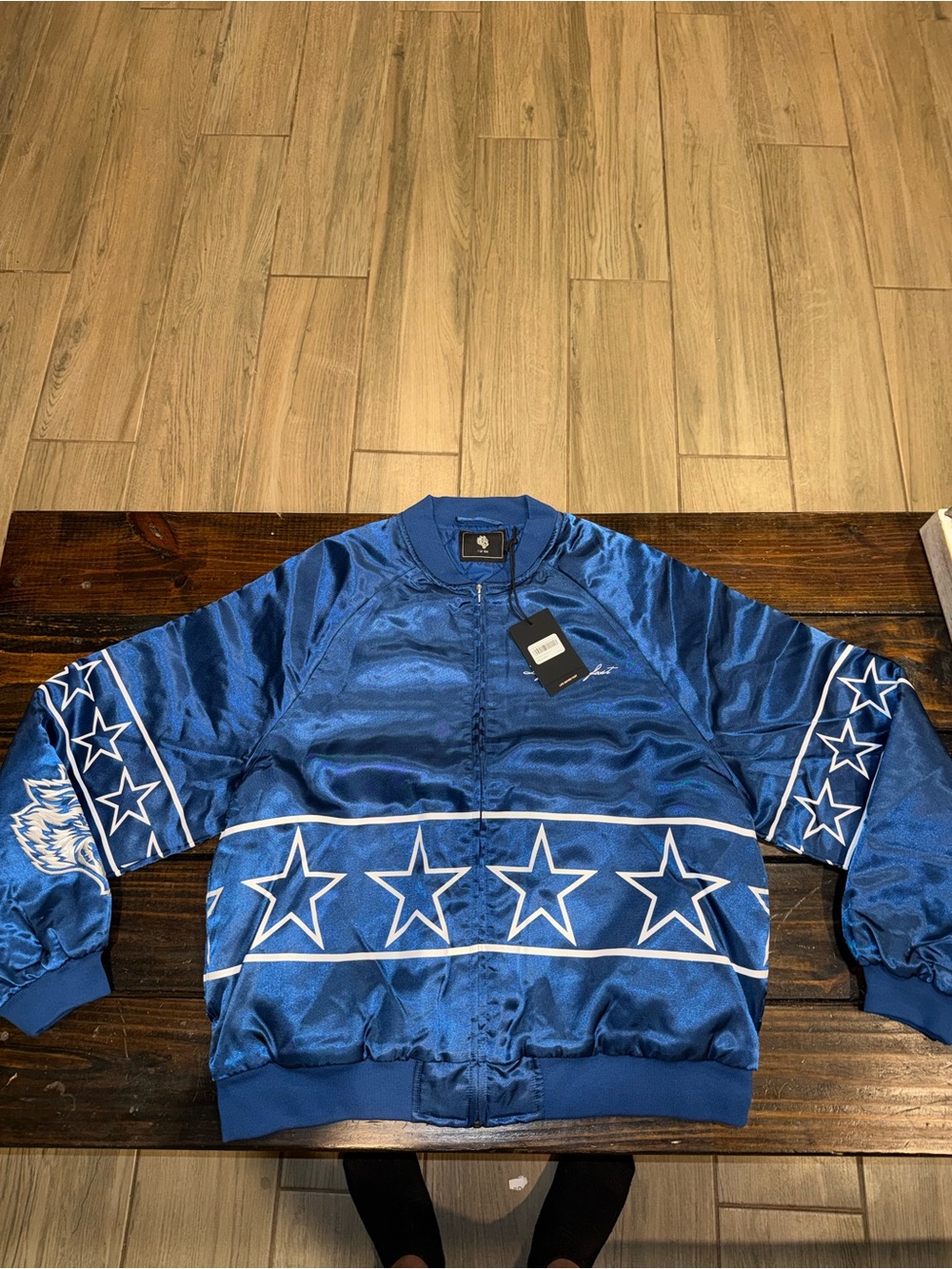 Darc Sport 7/500 in the Stars Blue & White Satin Zip Up Bomber Jacket